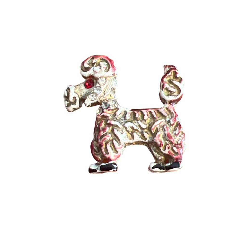 Vintage MCM Poodle Lapel Pin Brooch Gold Tone White Red Black Rhinestones 1"